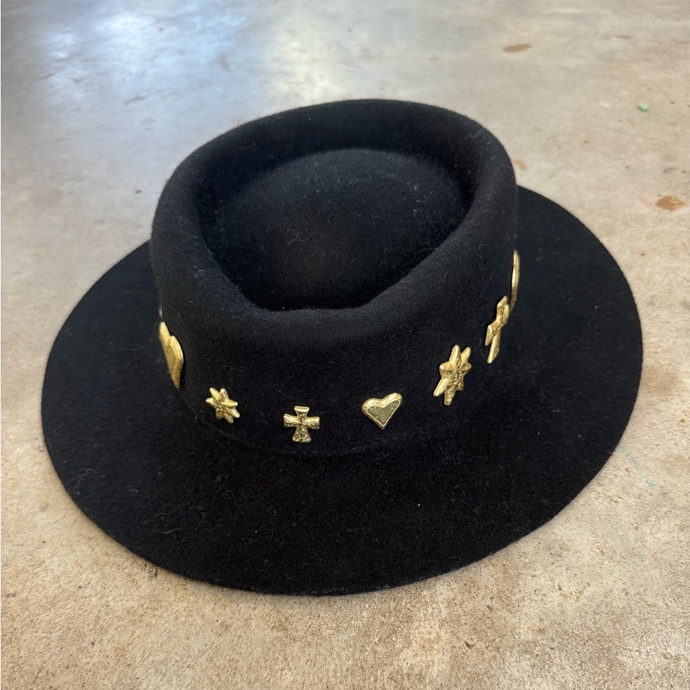 Lack of Color kids 100% black wool hat with hip metal details and chin strap